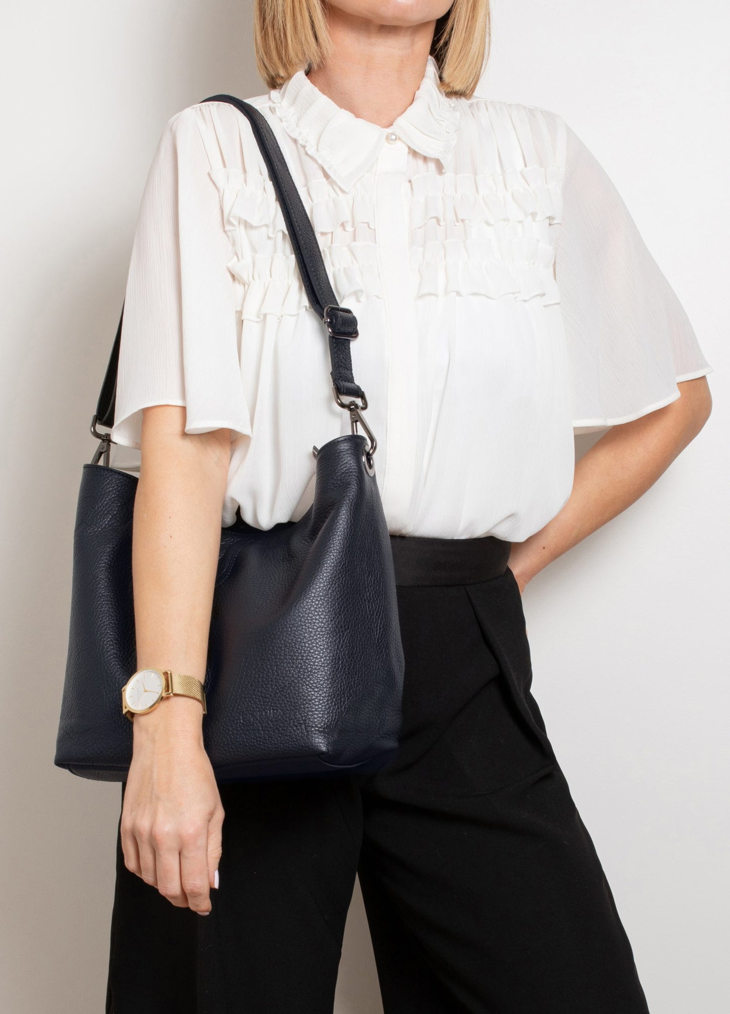 Lola Black Crossbody Italian Leather handbag from LA LUPA / Model wears cross body