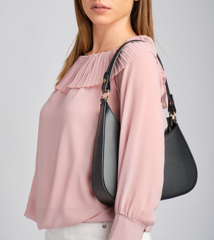 Sienna Black Italian Leather Handbag from LA LUPA / Model wears bag on shoulder