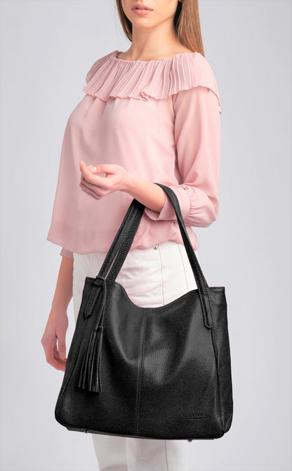 Lucia Black Tote Italian Leather Handbag from LA LUPA / Model wears bag on arm