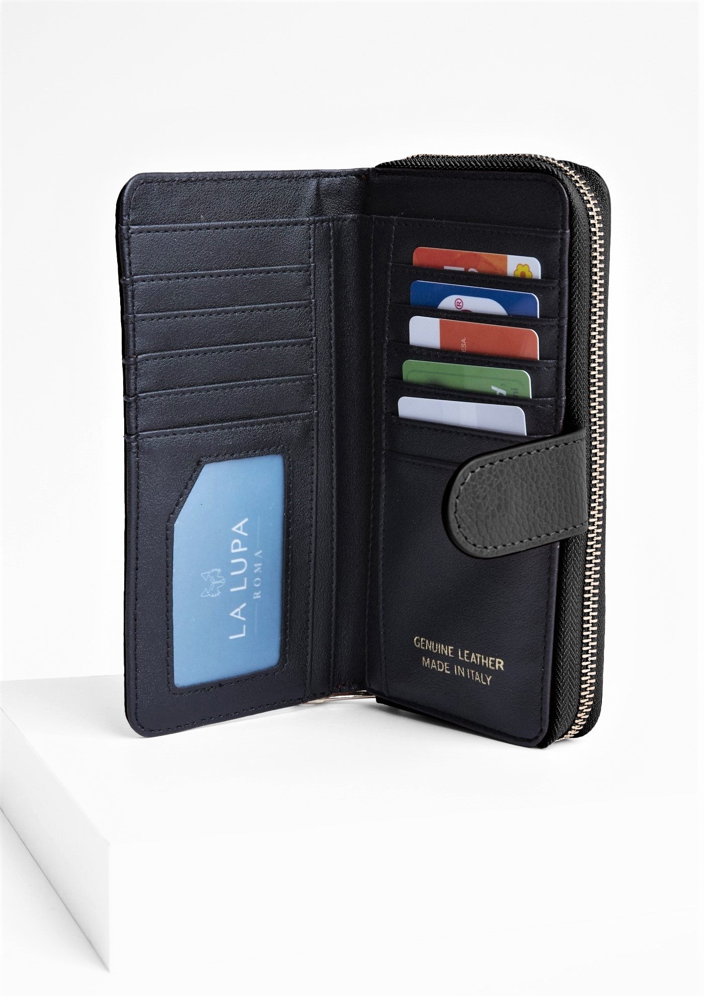 Eva Large Black Italian Leather wallet by LA LUPA / Inside View Card Slot