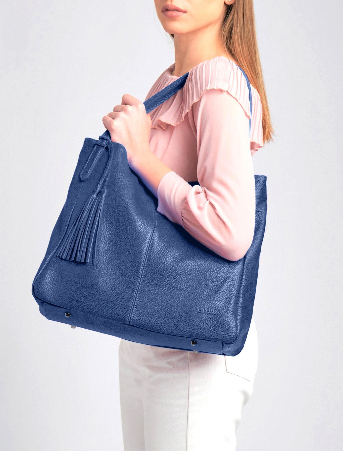 Lucia Blue Tote Italian Leather Handbag from LA LUPA / Model wears bag on shoulder