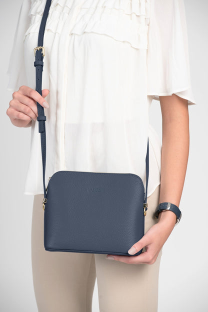 Claudia Navy Crossbody Italian leather handbag by LA LUPA / Model wears across body