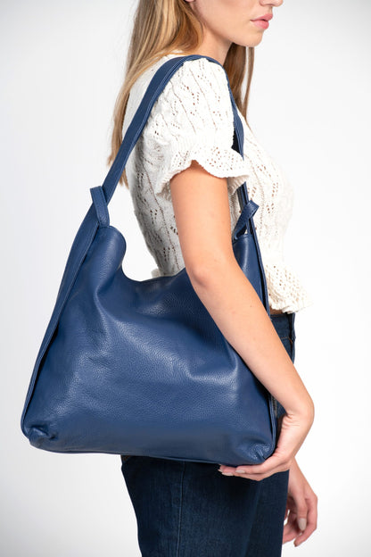 Bella 2-in-1 Blue Italian Leather Backpack and Tote by LA LUPA  / Tote Converts to Backpack / Model wears as a tote bag