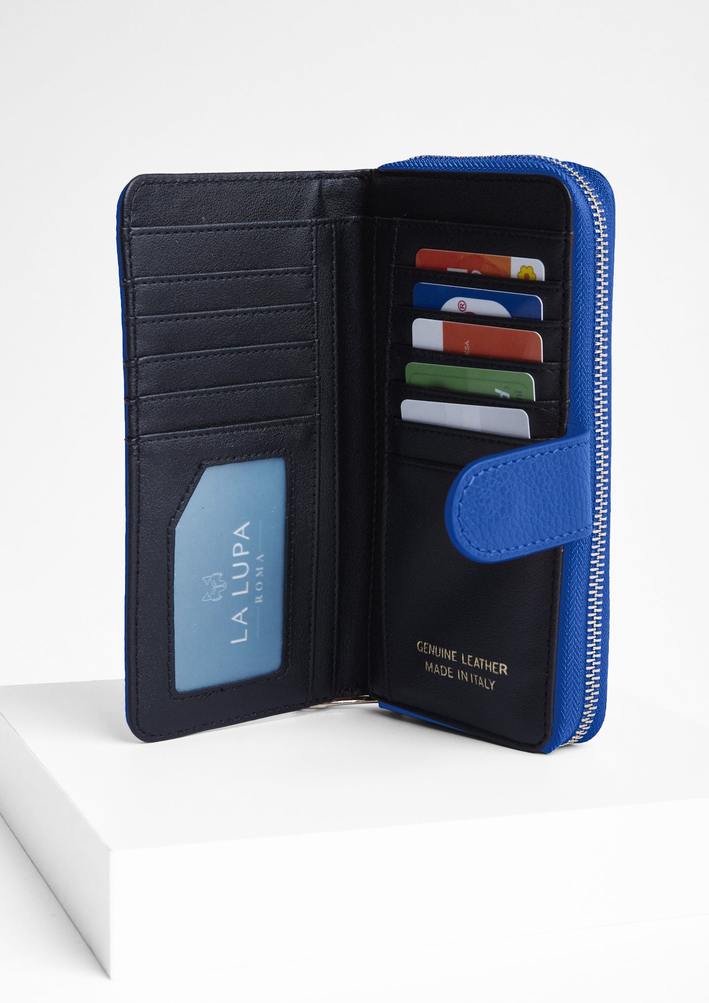 Eva Large Electric Blue Italian Leather wallet by LA LUPA / card slot view