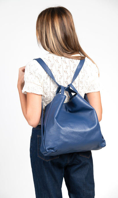 Bella 2-in-1 Blue Italian Leather Backpack and Tote by LA LUPA / Tote Converts to Backpack 