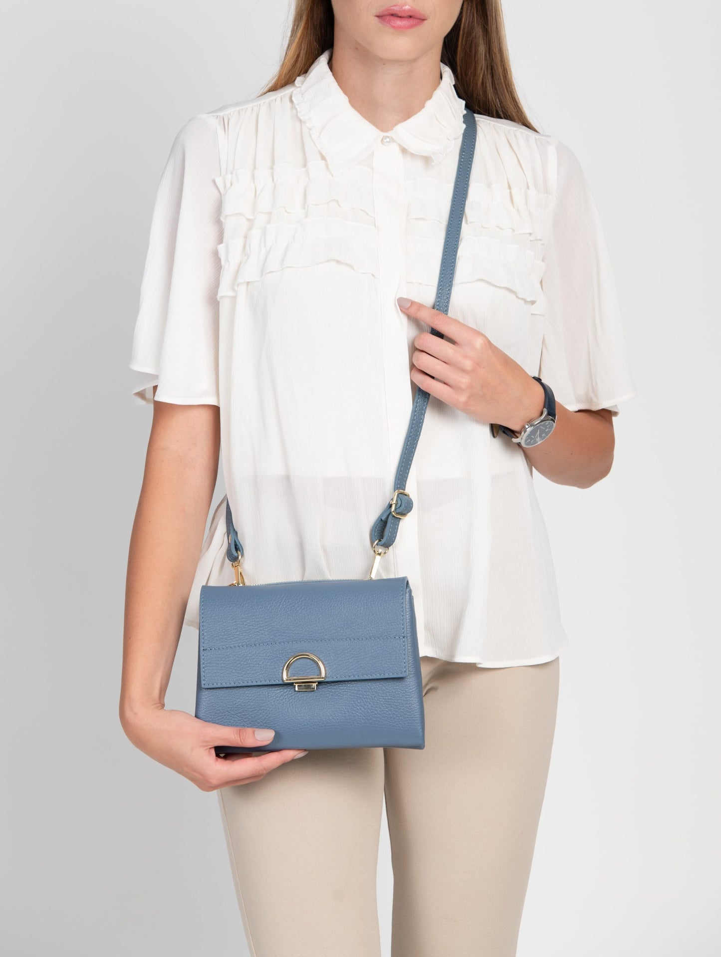 Sabrina Dusky Blue Crossbody Italian Leather Handbag from LA LUPA / Model wears bag across body