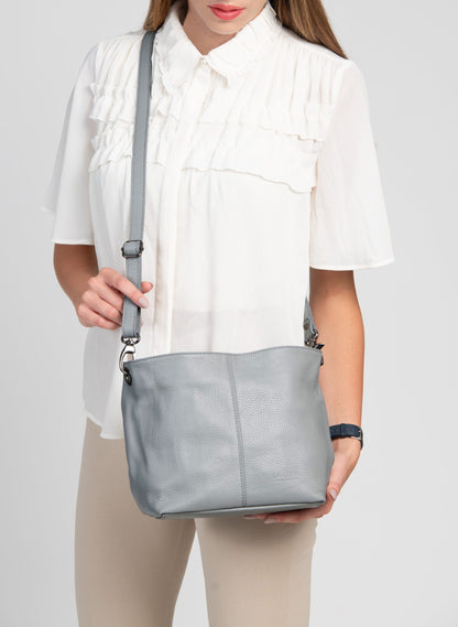 Lola Petite Grey Crossbody Italian Leather Handbag from LA LUPA / Worn over shoulder