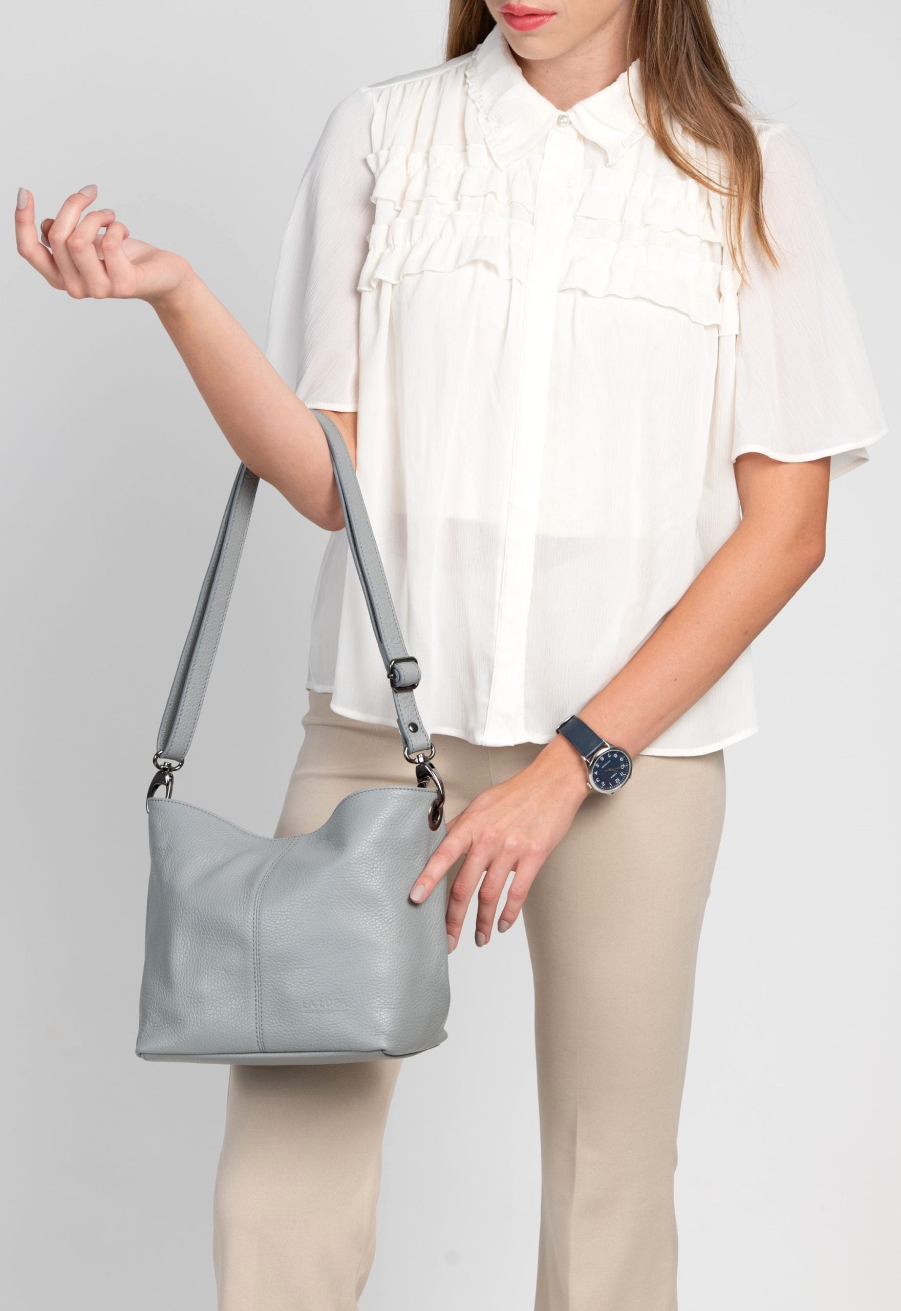 Lola Petite Grey Crossbody Italian Leather Handbag from LA LUPA  / worn over arm