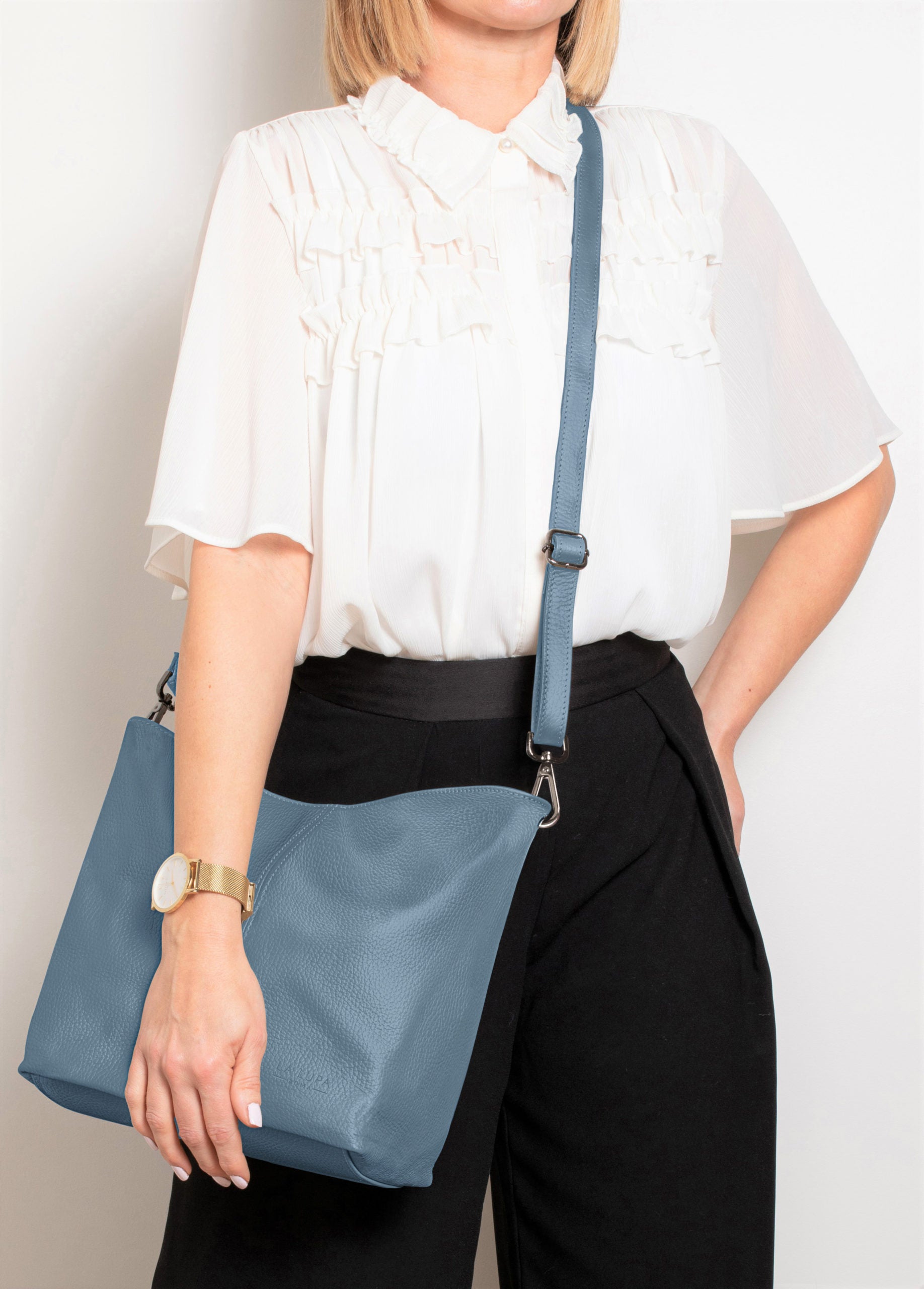 Lola Dusky Blue Crossbody Italian Leather handbag from LA LUPA / Model wears across body