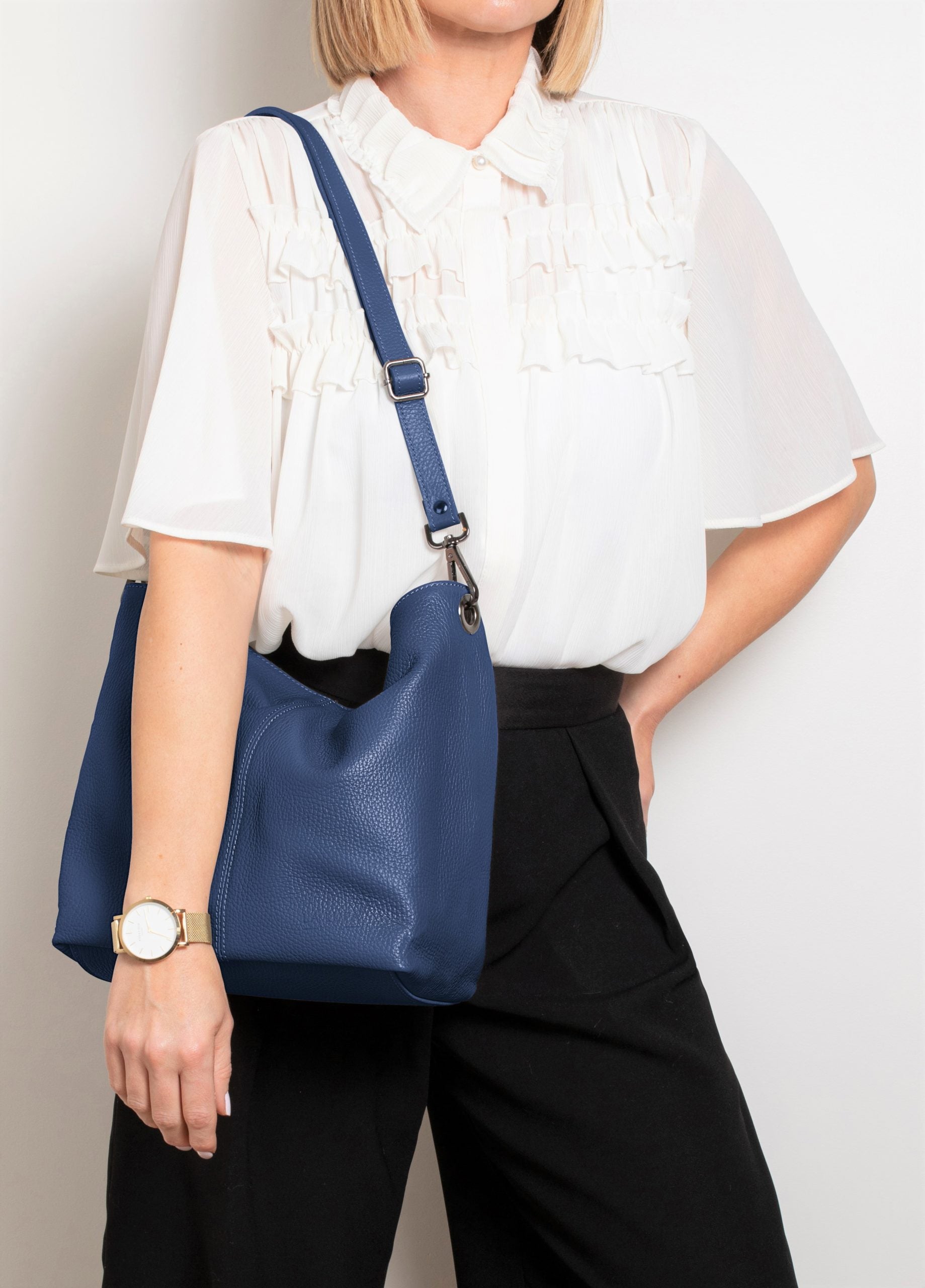 Lola Blue Crossbody Italian Leather handbag from LA LUPA / Model wears bag