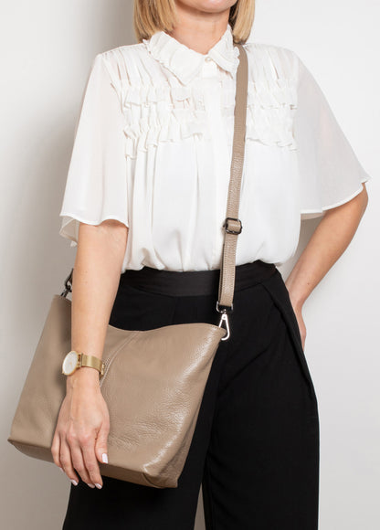 Lola Taupe Crossbody Italian Leather Handbag from LA LUPA / Model wears bag across body