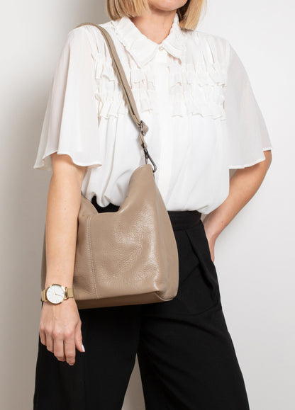 Lola Taupe Crossbody Italian Leather Handbag from LA LUPA / Model wears bag on shoulder