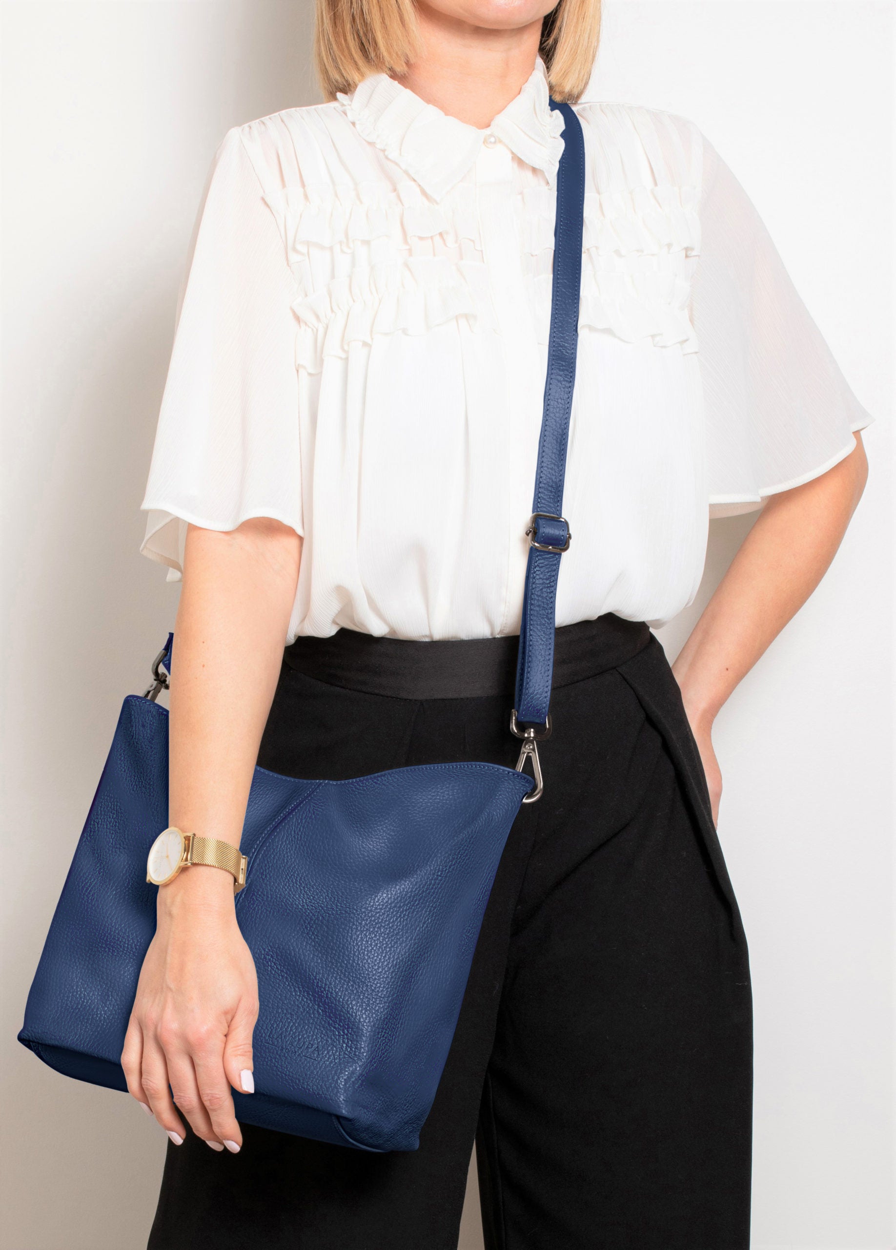 Lola Blue Crossbody Italian Leather handbag from LA LUPA / Model wears bag cross body