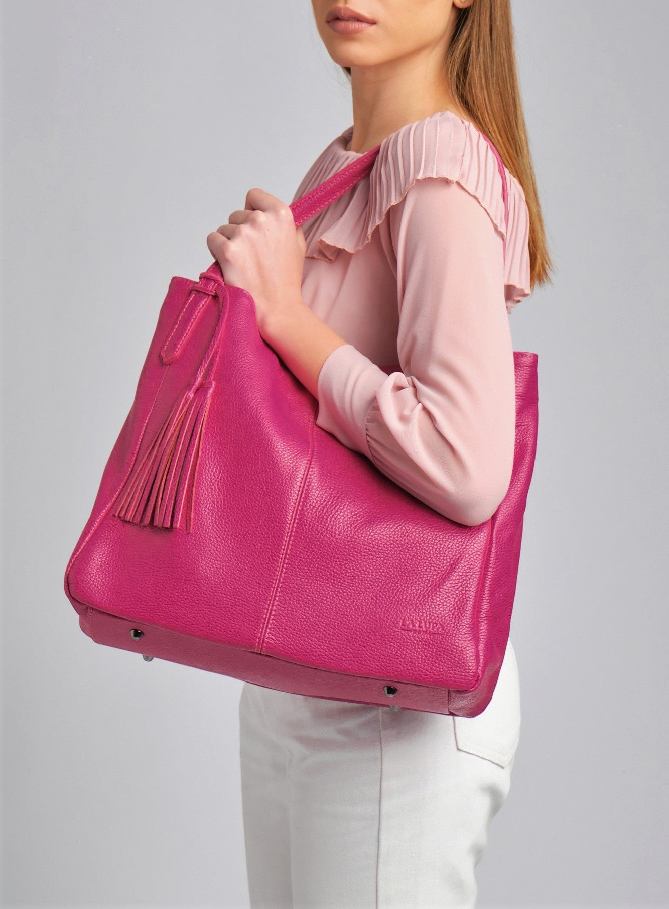 Lucia Pink Tote Italian Leather Handbag from LA LUPA / Model wears bag on shoulder 