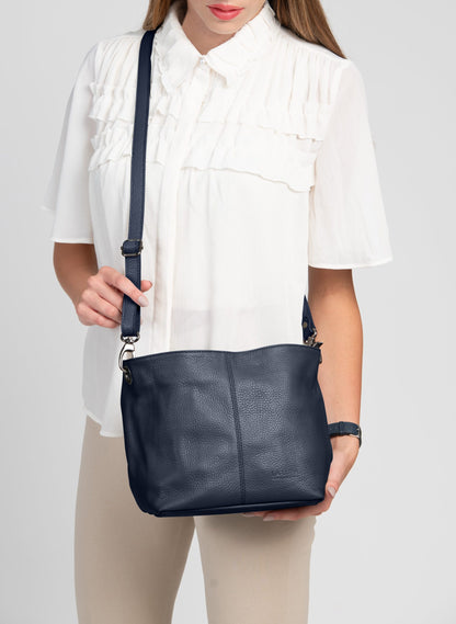 Lola Petite Navy Crossbody Italian Leather Handbag from LA LUPA / Worn across body