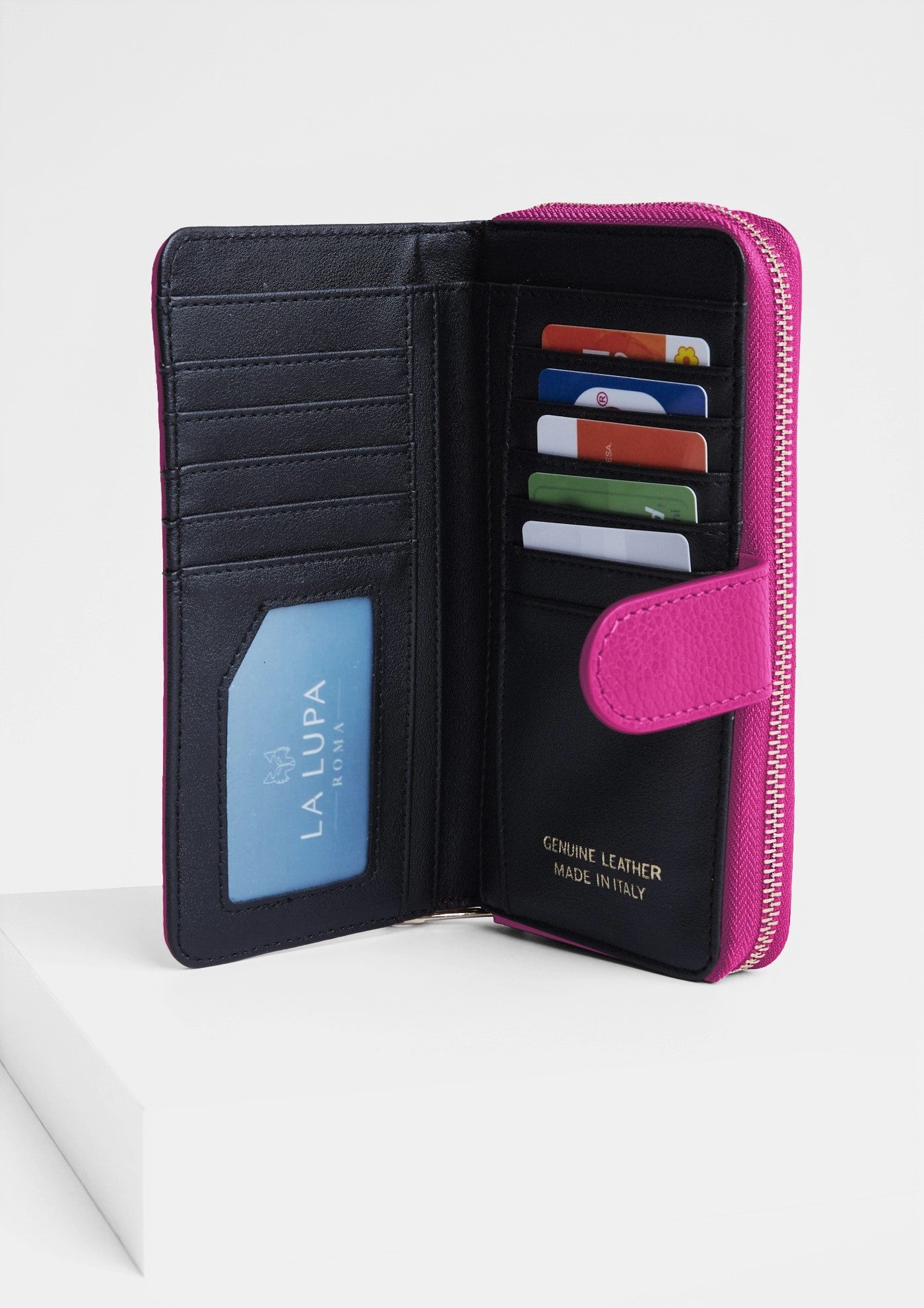 Eva Large Pink Italian Leather wallet by LA LUPA / Inside view card slot