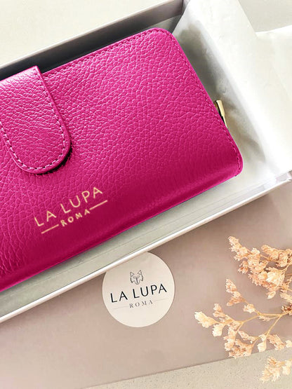 Eva Large Pink Italian Leather wallet by LA LUPA / Close up details