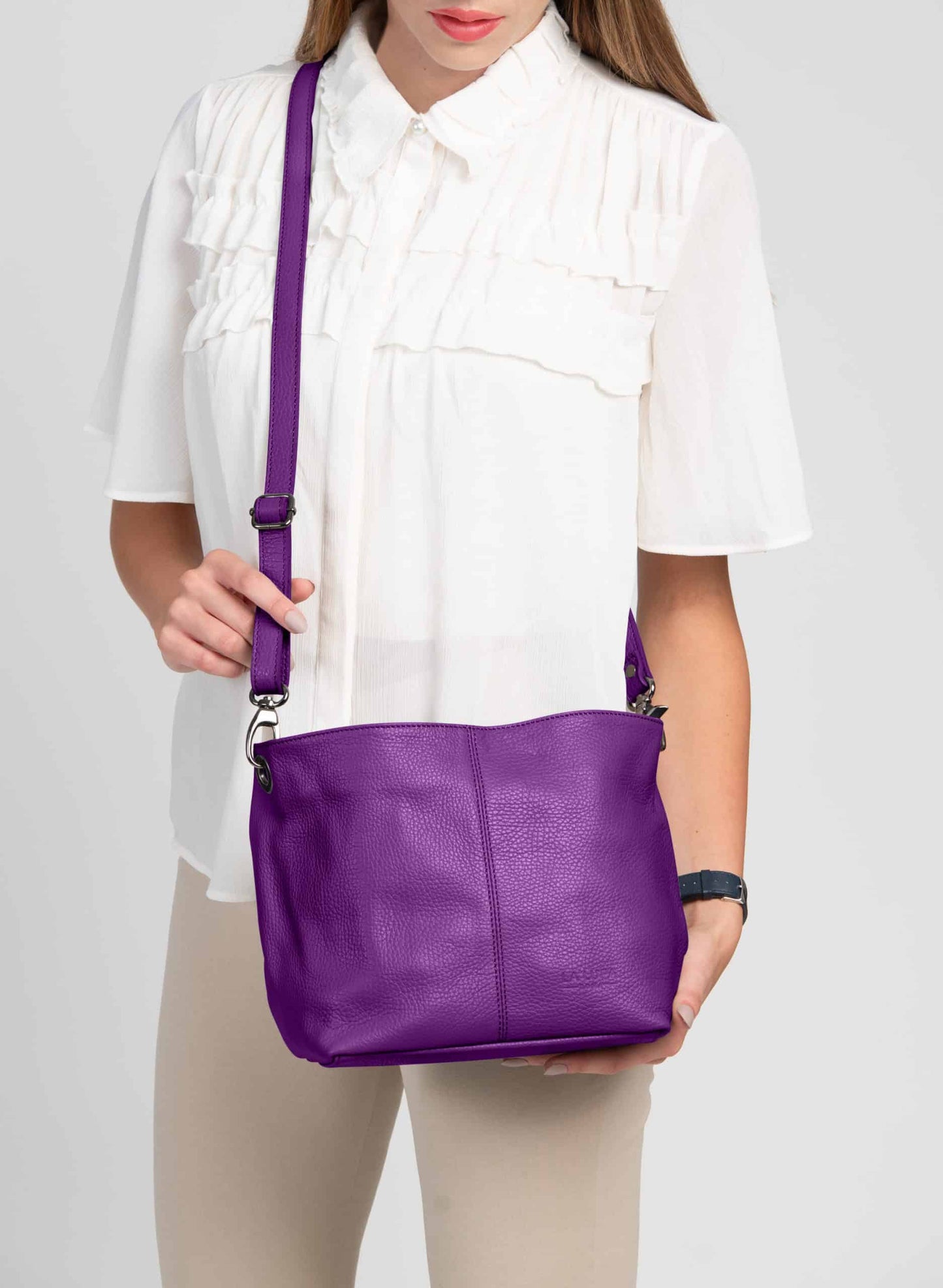 Lola Petite Purple Crossbody Italian Leather Handbag from LA LUPA / Model wears across body