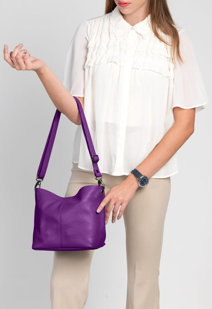 Lola Petite Purple Crossbody Italian Leather Handbag from LA LUPA / Model wears on arm