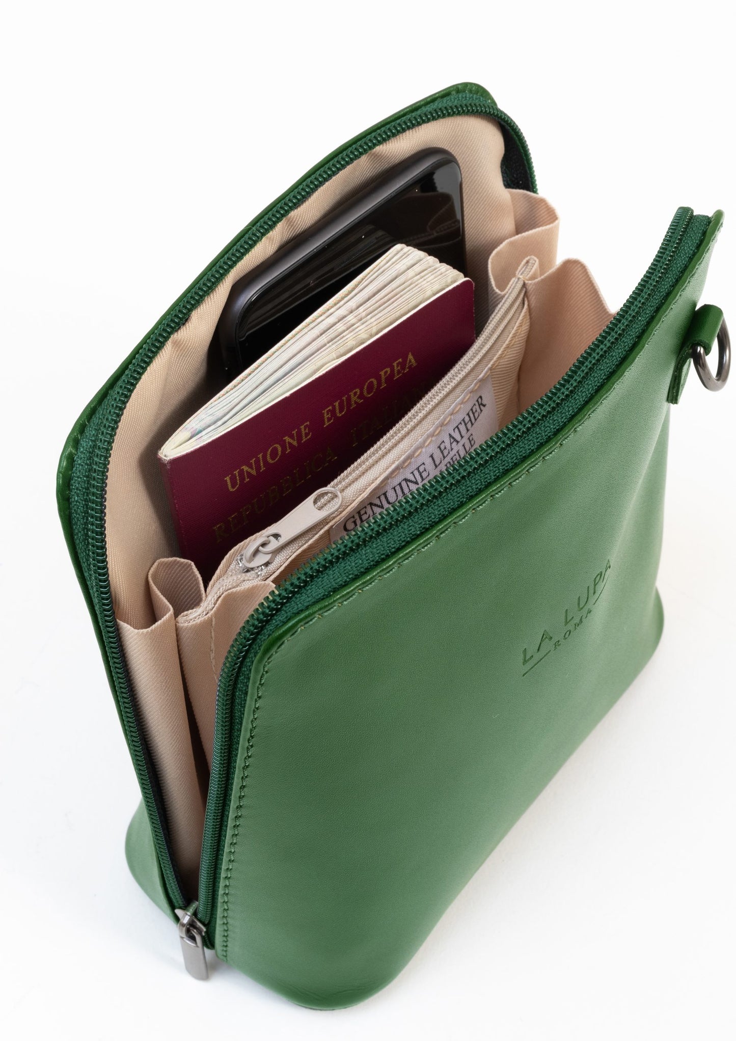 Rachele Mini Crossbody Green Italian Leather Handbag from LA LUPA / Inside view