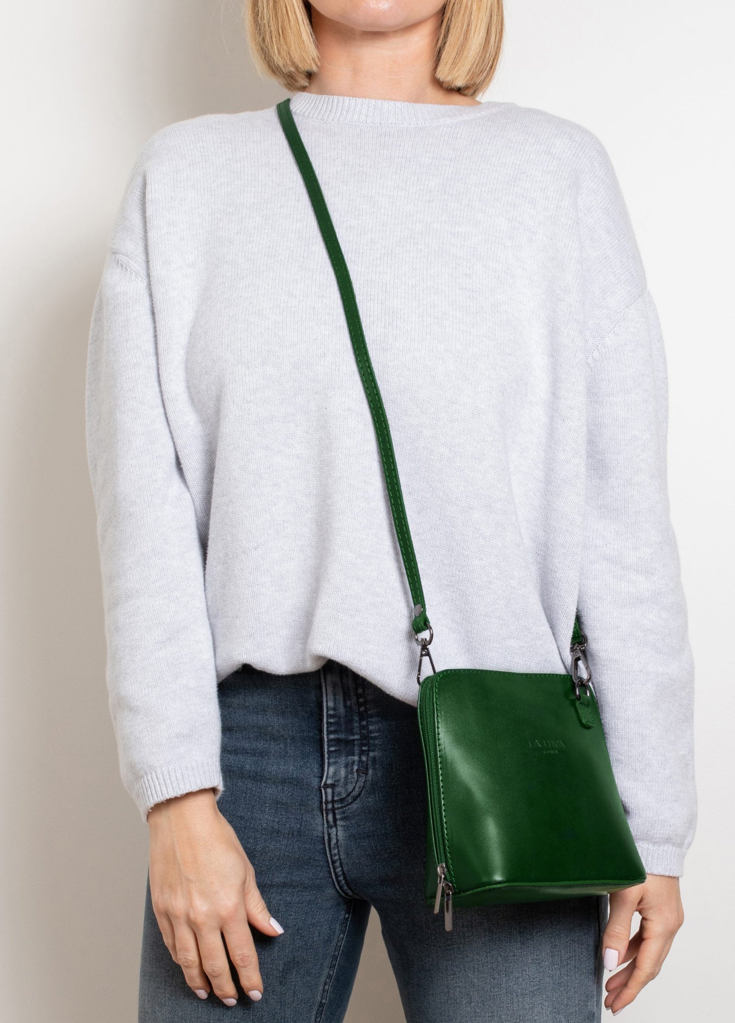 Rachele Mini Crossbody Green Italian Leather Handbag from LA LUPA / Model wears bag across body