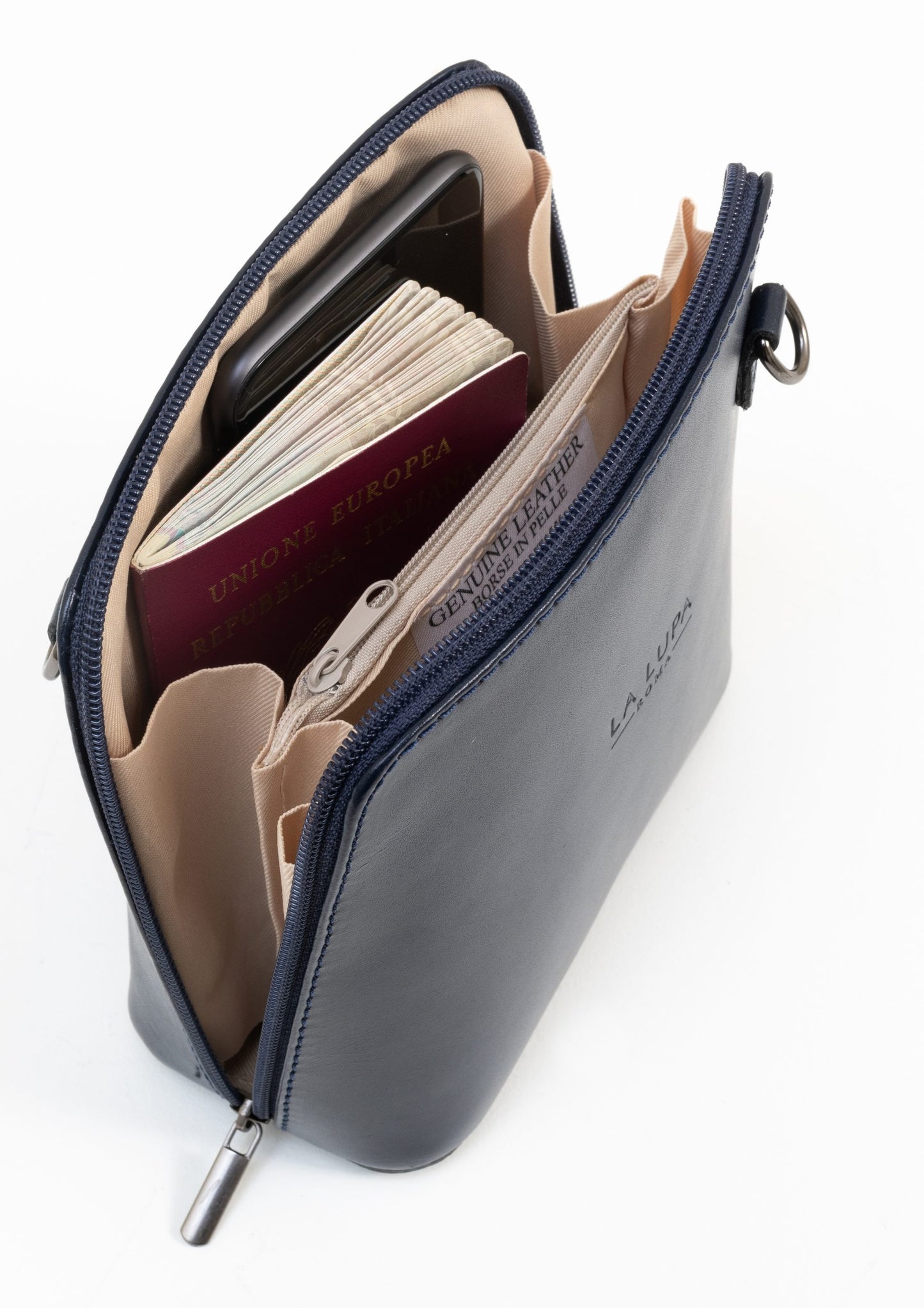 Rachele Mini Crossbody Navy Italian Leather Handbag from LA LUPA / Inside View