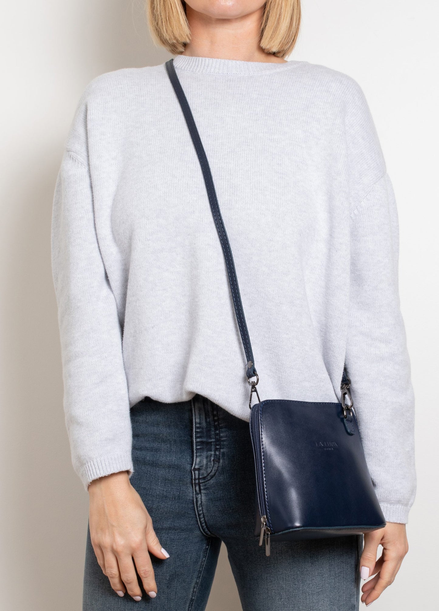 Rachele Mini Crossbody Navy Italian Leather Handbag from LA LUPA / Model wears bag across body