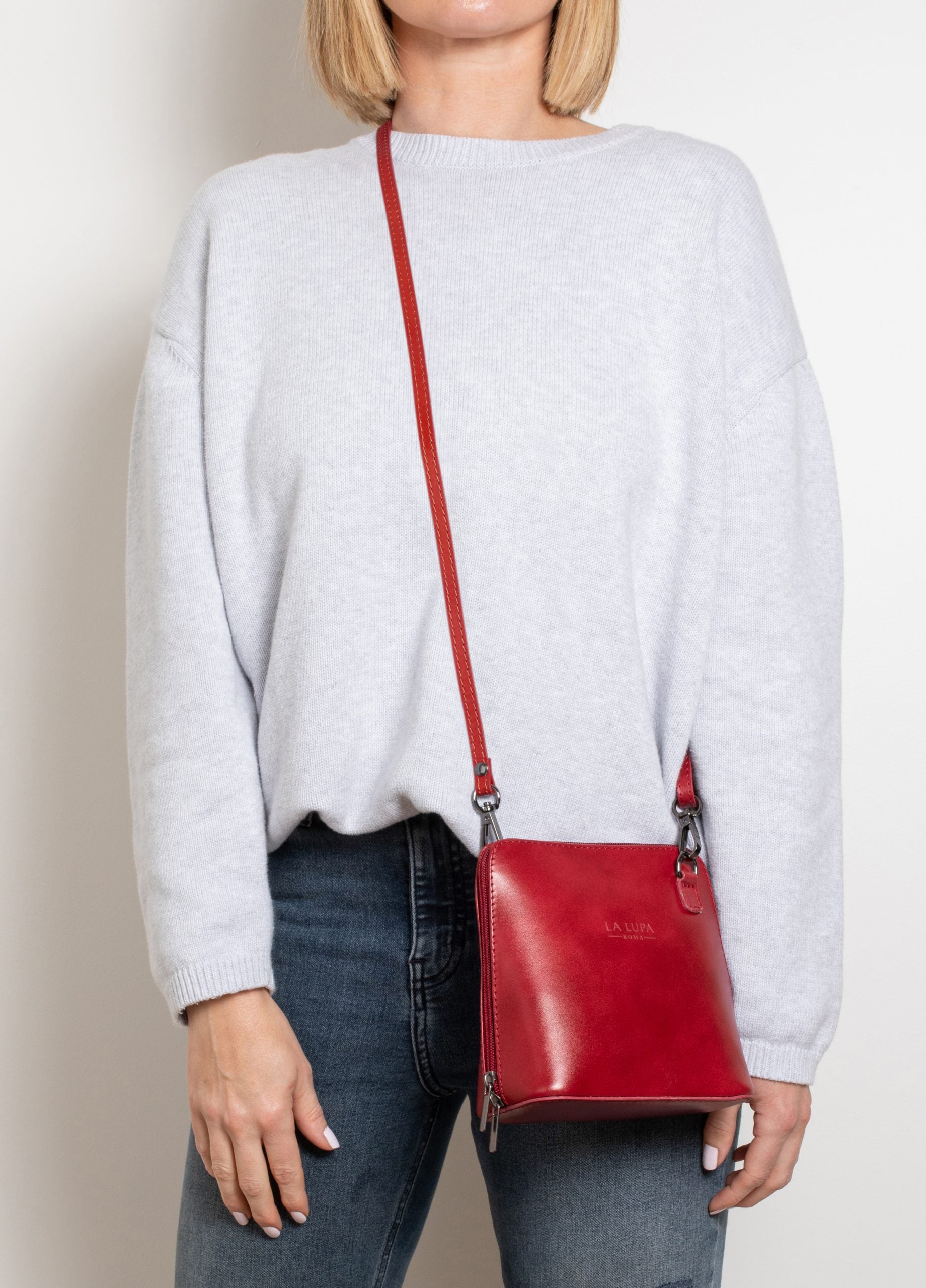 Rachele Mini Crossbody Red Italian Leather Handbag from LA LUPA / Model wears bag across body