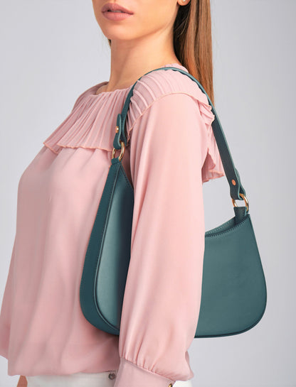 Sienna Teal Italian Leather Handbag from LA LUPA / Model wears bag on shoulder