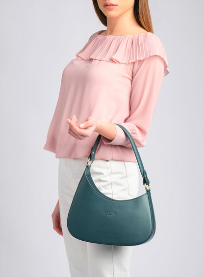 Sienna Teal Italian Leather Handbag from LA LUPA / Model wears bag on arm