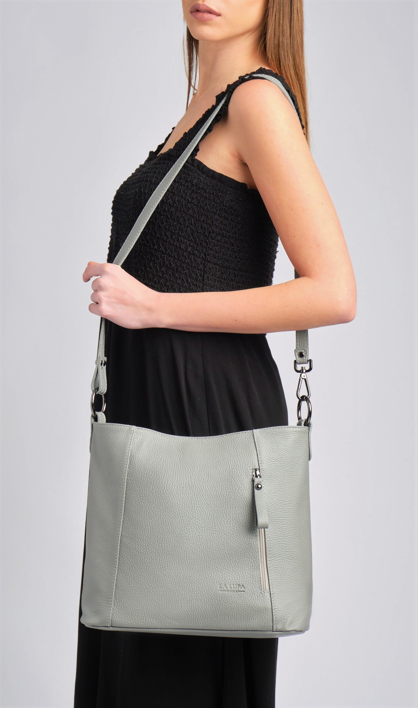 Valentina Crossbody Grey Italian Leather Handbag from LA LUPA / Model wears bag on shoulder